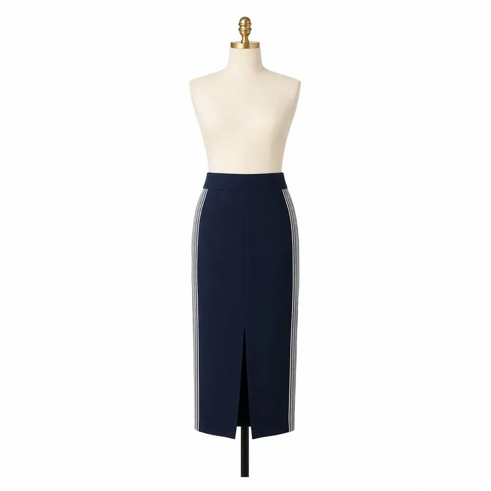 REISS Pia Navy High Rise Midi Pencil Skirt Side Stripe Slit US 4 MSRP $295